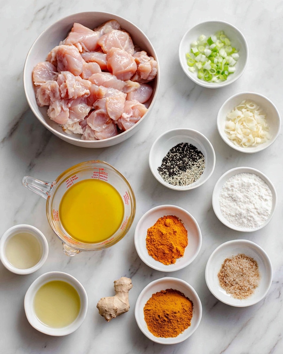 A white bowl on the left side filled with light pink pieces of raw chicken. To the right of the bowl, there are smaller white bowls arranged in neat rows on a white marbled surface. The first row has a clear measuring cup with bright yellow melted butter, and three small white bowls containing white and black powders, and sliced green onions. The second row has three small white bowls filled with orange powder, white flour, and shredded white coconut. Below them, there is a small white bowl with yellow oil, a small clear bowl with a pale liquid, a small white bowl with brown spices, and two more small white bowls containing finely minced garlic and ginger. The ingredients create a colorful and organized layout on the white marbled surface photo taken with an iphone --ar 4:5 --v 7