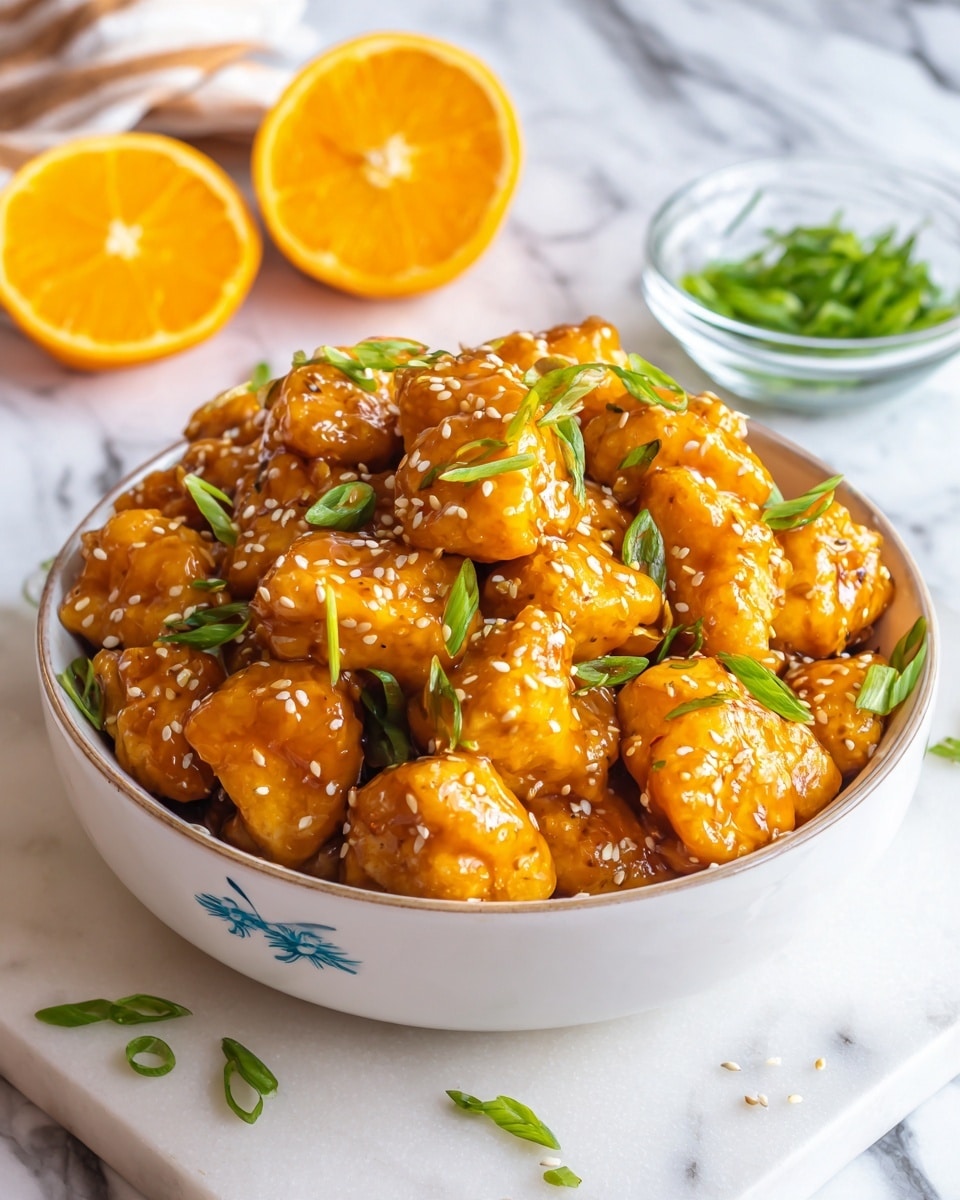The image shows a white bowl filled with glossy orange chicken pieces covered in a thick, shiny orange sauce. The chicken pieces are garnished with small sesame seeds and thin green onion slices scattered on top. In the background, there are two halves of a bright orange placed on a white marbled surface, along with a small clear bowl containing more green onions. The bowl has a subtle blue decoration on its side and rests on the white marbled surface. Photo taken with an iphone --ar 4:5 --v 7