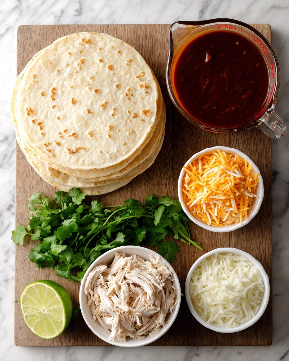 The image shows a food arrangement on a white marbled surface with a wooden board. On the board, there is a stack of six soft, pale yellow tortillas on the left side. To the right, there is a glass measuring cup filled with thick, dark red sauce. Below the tortillas and sauce, there is a small bunch of fresh green cilantro placed on the board. In front of the cilantro, there is a white bowl filled with shredded light beige chicken. Surrounding the bowl, there are three small white bowls filled with finely chopped white onions, shredded white cheese, and shredded orange cheese arranged from left to right. A half-cut lime is placed at the bottom left corner. The overall setup looks neat and ready for making tacos or a similar dish photo taken with an iphone --ar 4:5 --v 7