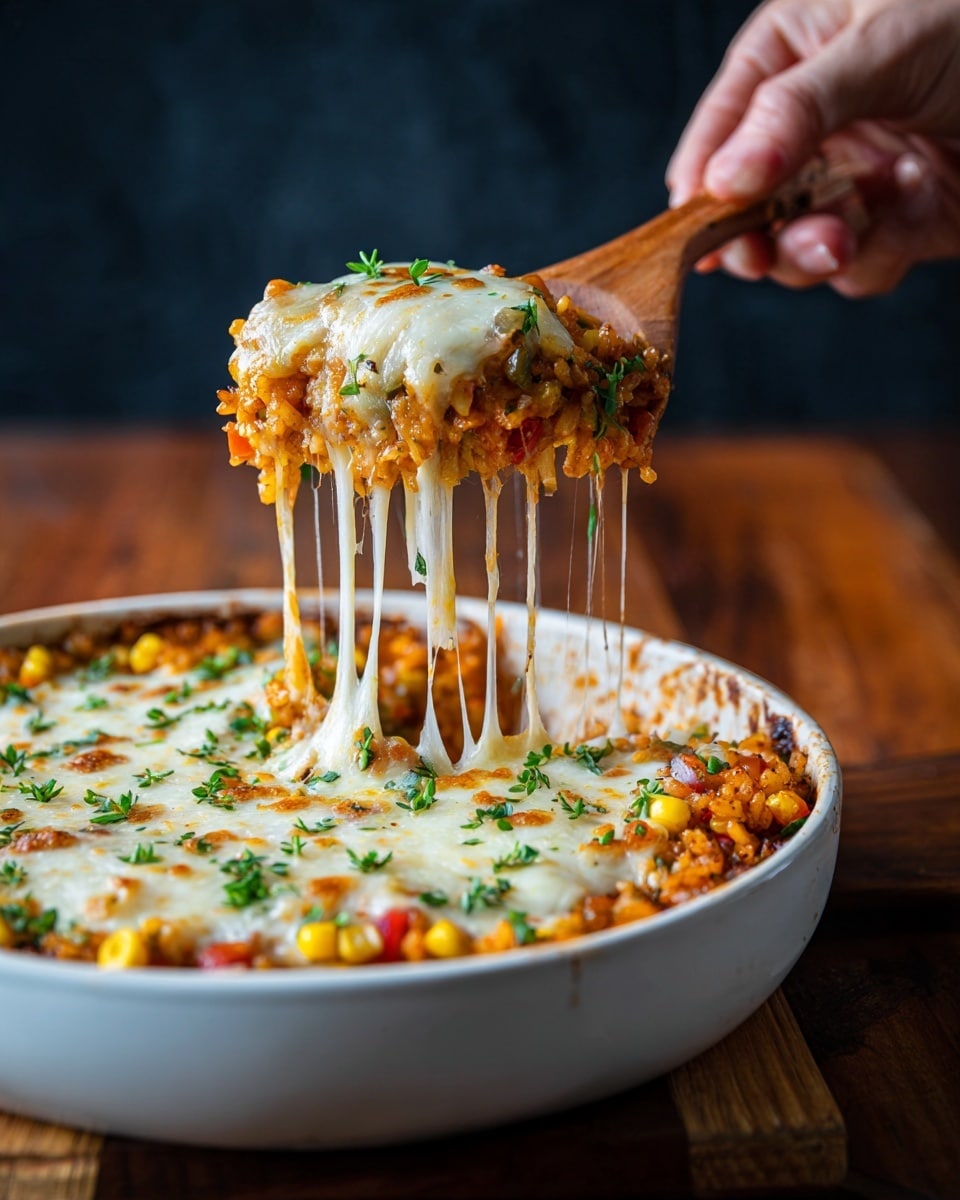 A close-up of a white pan filled with a layered dish showing a scoop being lifted with a wooden spoon held by a woman's hand. The bottom layer has a mix of orange rice with pieces of corn and small bits of red and green vegetables. Above this is a thick, melted layer of white cheese stretching in long strings as the scoop is raised. Small green herb pieces are sprinkled over the dish. The pan sits on a dark wooden surface with a blurred dark background. photo taken with an iphone --ar 4:5 --v 7