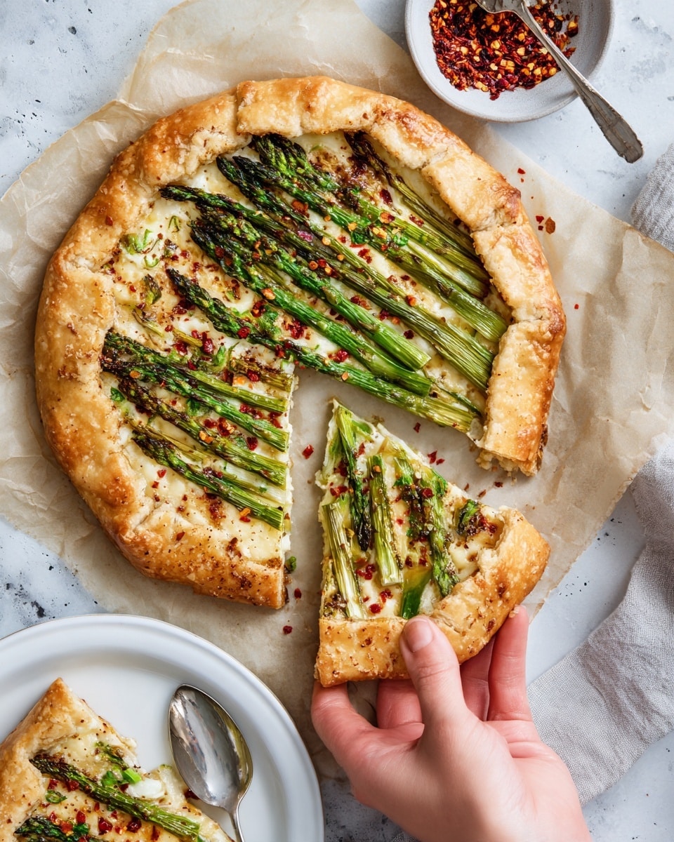 A round galette with golden-brown crust edges, filled with three visible layers: a creamy white cheese base spread evenly inside the crust, topped with bright green asparagus spears placed in parallel rows, and sprinkled with small red chili flakes scattered lightly on top. One slice is slightly separated from the main galette, showing the layers clearly. The galette rests on a sheet of parchment paper over a white marbled surface. Nearby is a white bowl filled with red chili flakes and a spoon, and a white plate with a slice of the galette. A woman's hand holds the separated slice above the plate. photo taken with an iphone --ar 4:5 --v 7
