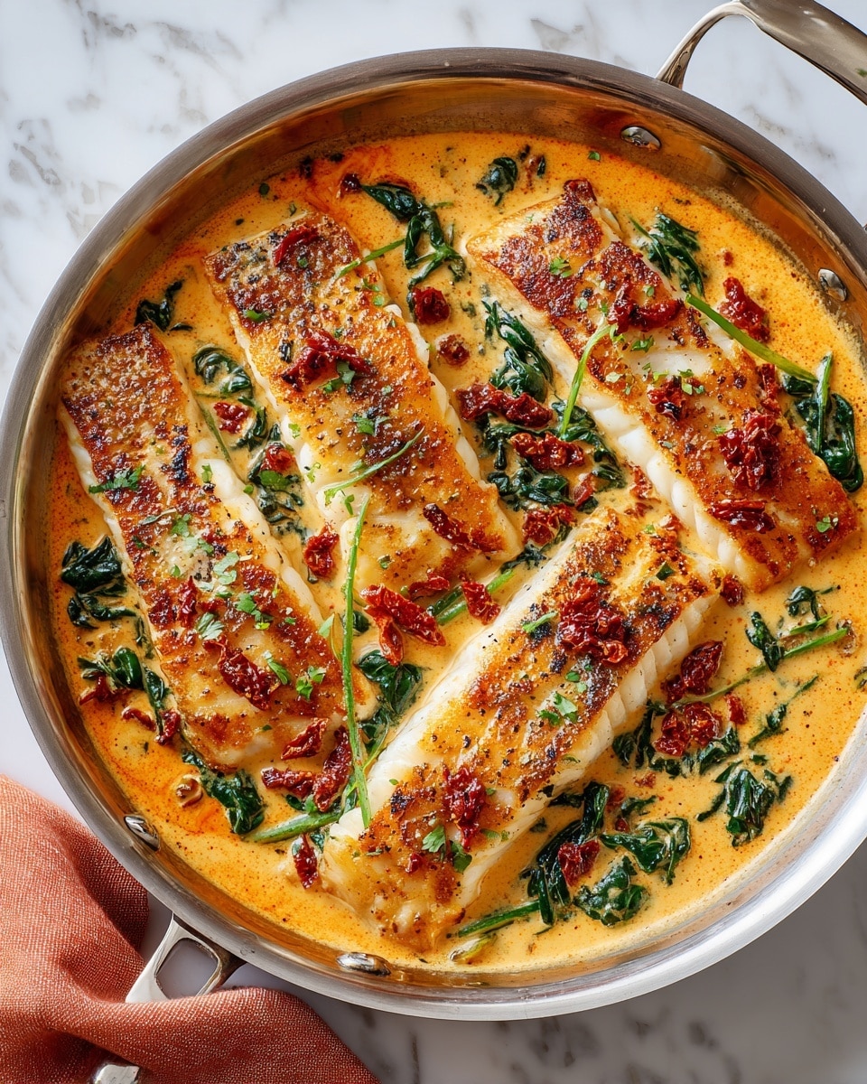 In a round silver pan on a white marbled surface, there are four long rectangular pieces of light golden cooked fish placed side by side in a creamy orange sauce. The sauce is thick and smooth, filled with small pieces of green spinach leaves and reddish-brown sun-dried tomato bits scattered evenly throughout. The edges of the fish are slightly browned, showing a lightly crispy texture. An orange cloth is placed near the pan on the surface. Photo taken with an iphone --ar 4:5 --v 7