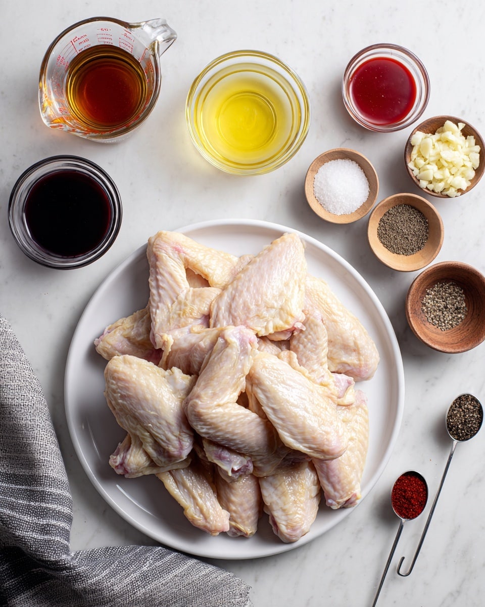 A white plate holds many uncooked chicken wings stacked in a loose pile, showing pale pink and white skin with a slightly shiny texture. Above the plate, there are six small glass and wooden containers arranged on a white marbled surface: from left to right, a glass measuring cup with a brown liquid, a small glass bowl with red sauce, a small glass bowl of minced garlic, a small glass bowl with a clear pale yellow liquid, a larger glass measuring cup containing a dark brown liquid, and two small wooden bowls with black pepper and white salt. To the right, there are two metal measuring spoons holding a small amount of red powder. A gray and white striped cloth is partially visible in the bottom left corner. The photo taken with an iphone --ar 4:5 --v 7