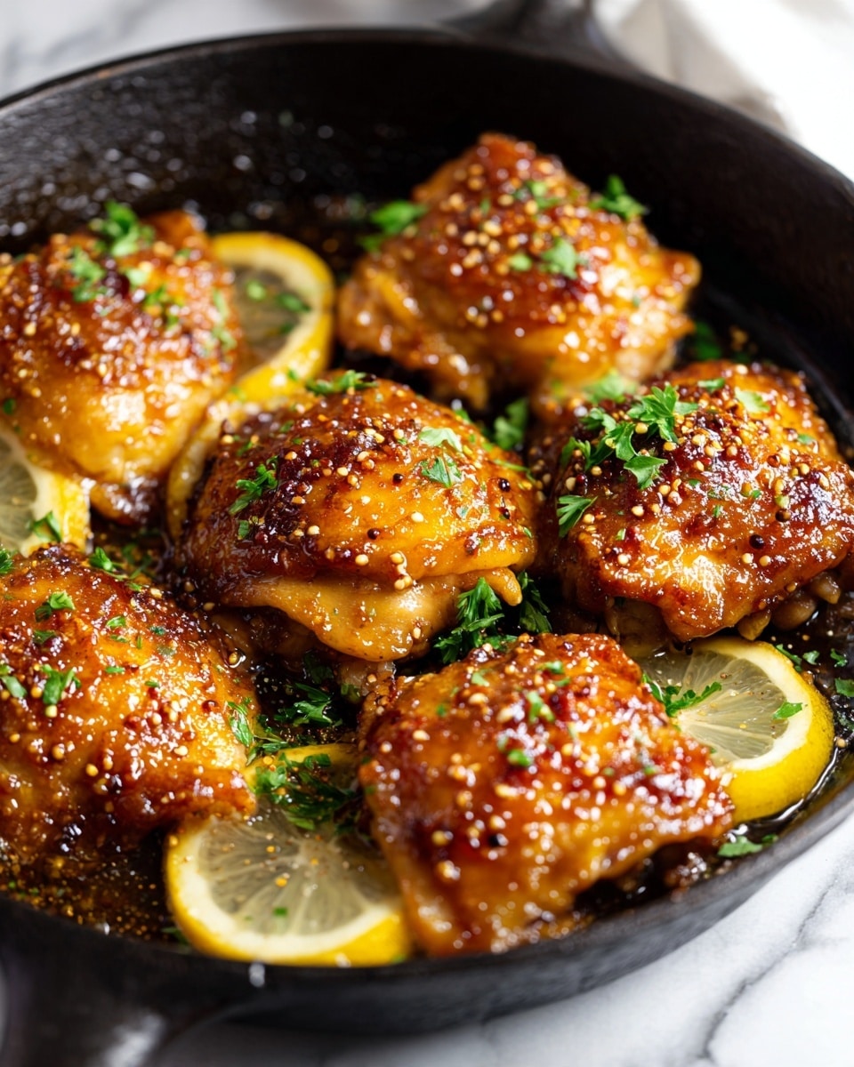 Five pieces of golden-brown glazed chicken thighs with a shiny texture and small mustard seeds on top, arranged closely in a black cast iron skillet. Each piece is sprinkled with small green parsley leaves. Thin lemon slices are placed under and around the chicken pieces, adding a bright yellow and white contrast. The skillet sits on a white marbled surface, showing a cozy and fresh cooking scene. photo taken with an iphone --ar 4:5 --v 7