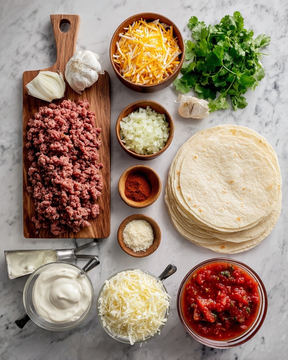 The image shows many ingredients on a white marbled surface arranged neatly for making tacos or burritos. On the left, a wooden board holds raw ground meat and a small bunch of fresh green cilantro. Above the board, there are four small wooden bowls containing shredded yellow cheese, chopped white onions, and two different powders—one reddish and one light brown. Next to those bowls are two garlic cloves. On the right side, a tall stack of light wheat tortillas sits. Below the tortillas, there are two small metal measuring cups: one filled with white cream and the other with shredded white cheese. Next to the measuring cups, a glass container with bright red salsa with visible chunks of tomato and other vegetables can be seen. Photo taken with an iphone --ar 4:5 --v 7