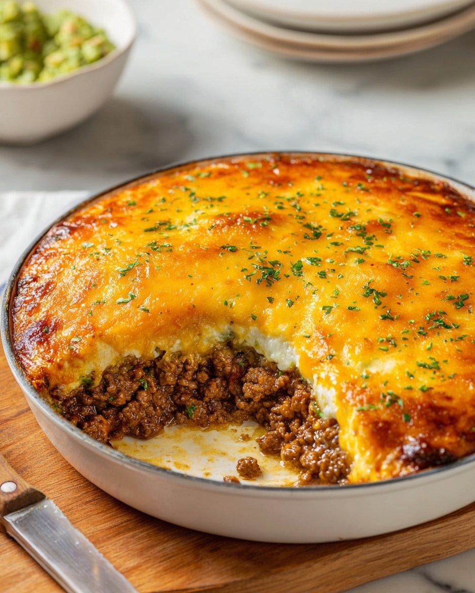 A round white pan holds a three-layer dish with two pieces removed to show inside. The top layer is golden orange melted cheese with small green herbs sprinkled on it, smooth and slightly shiny. The middle layer is brown cooked ground meat mixed with some finely chopped ingredients, giving it a crumbly texture. The bottom layer is white and creamy, likely a type of cheese or sauce, soft and smooth. The pan sits on a light wooden table with a white marbled texture surface. A white bowl with green guacamole can be seen blurred in the background, and a knife with a wooden handle rests next to the pan. Photo taken with an iphone --ar 4:5 --v 7