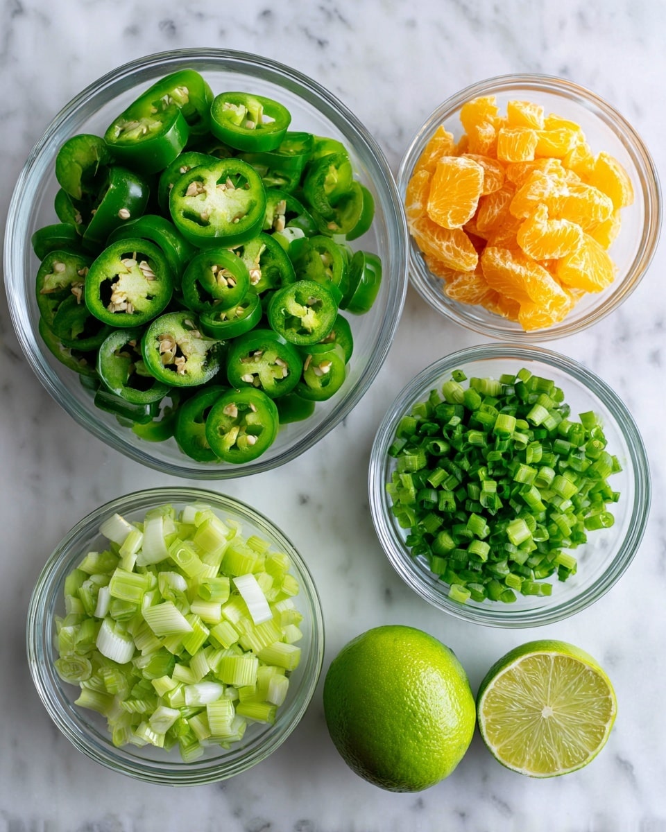 The image shows five clear glass bowls arranged on a white marbled surface. The top left bowl contains bright green sliced jalapeño peppers with visible seeds. The top right bowl holds small pieces of peeled orange fruit, likely orange segments. Below, from left to right, there are three smaller bowls: the first one has roughly chopped pale green celery, the second has finely chopped green onions with both white and green parts, and the last bowl contains two lime wedges and one whole lime cut in half, all with bright green skin. Photo taken with an iphone --ar 4:5 --v 7