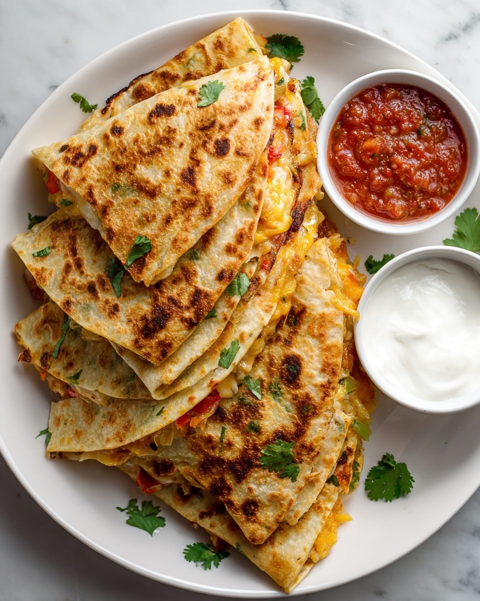 A white plate holds a stack of six golden-brown folded tacos filled with shredded cheese, small red and green veggie pieces, and light-colored bits, all showing through the middle of each taco. The tacos have a slightly crispy texture with some browned spots and are placed close together. Bright green fresh cilantro leaves are scattered around the tacos on the plate, adding color contrast. On the side, there is a small white bowl filled with smooth, white sour cream and another white bowl nearby with chunky red salsa. The plate is set on a white marbled surface. photo taken with an iphone --ar 4:5 --v 7