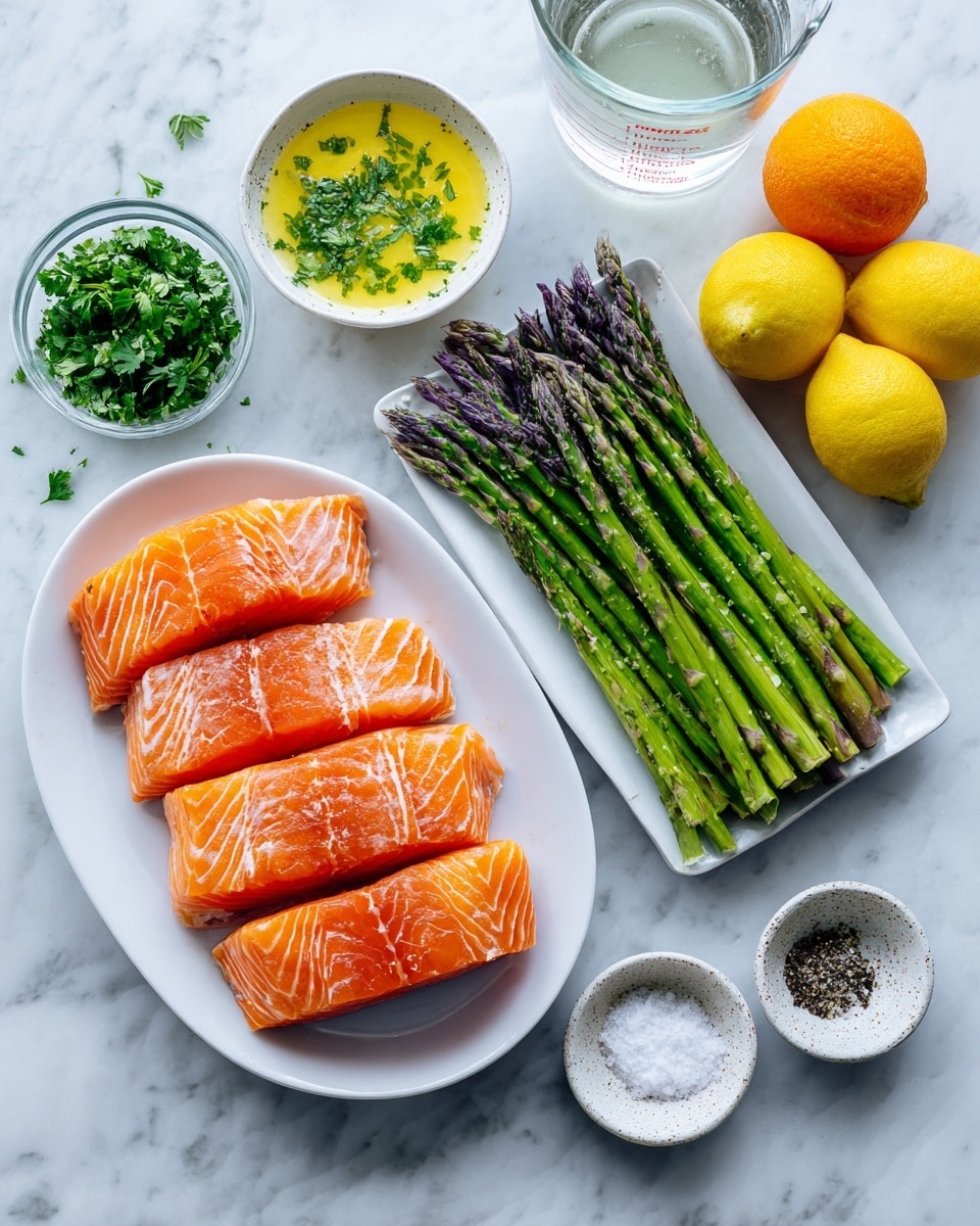 The image shows fresh ingredients laid out on a white marbled surface. On the left is a white oval plate holding four bright orange salmon fillets with light white lines running through them. To the right, there is a white bowl with chopped green herbs next to a small clear bowl filled with yellow melted butter, and another small clear bowl with green cilantro leaves. A white plate holds a bunch of fresh green asparagus spears, arranged side by side with purple tips facing upwards. Nearby are two whole citrus fruits, one orange and one yellow lemon. To the top right is a clear glass measuring cup filled with water, and below it, two small white speckled bowls, one containing salt and the other black pepper. The scene is well-lit, simple, and clean, photo taken with an iphone --ar 4:5 --v 7