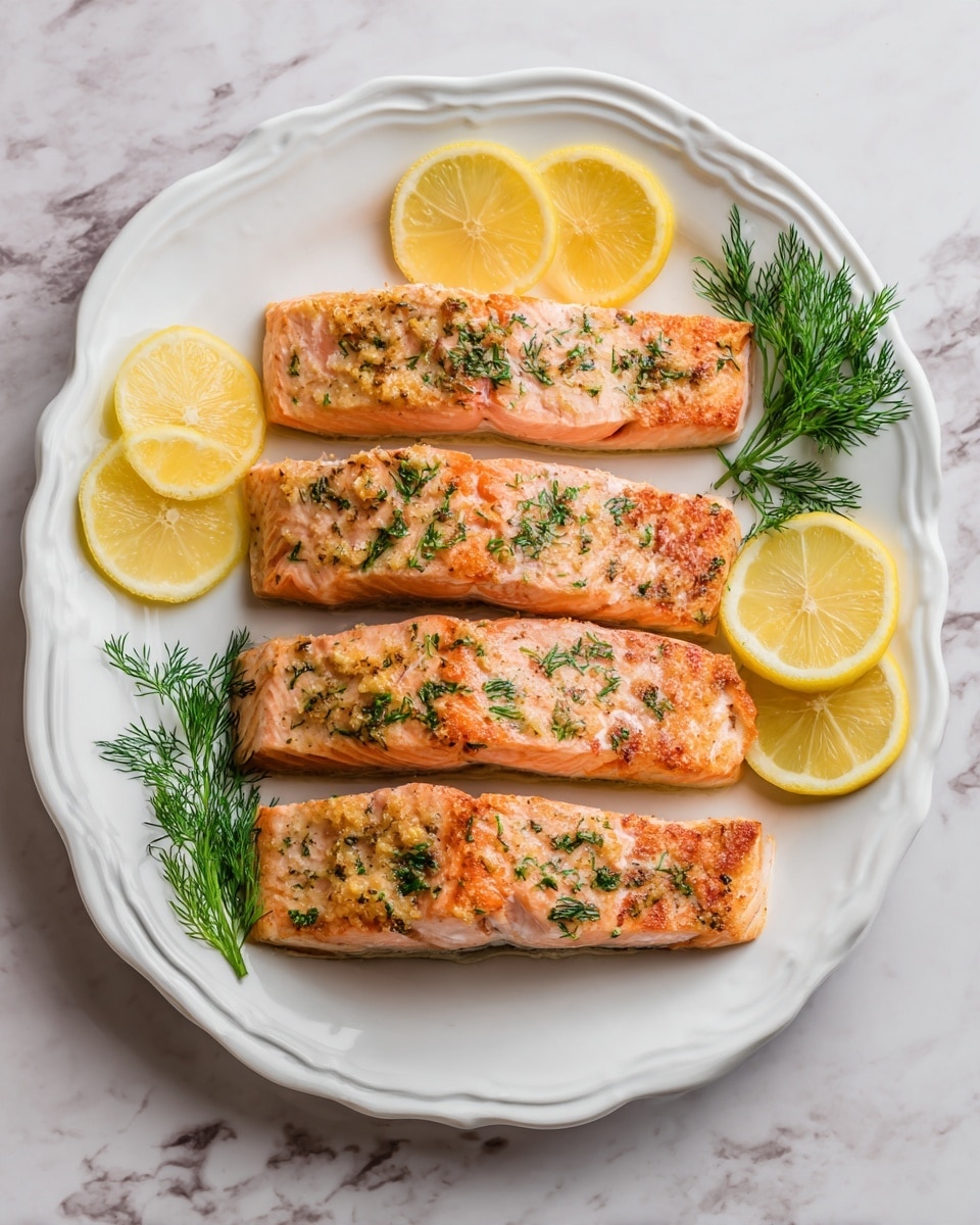 The image shows a white scalloped plate holding four cooked salmon fillets arranged in a row. Each fillet has a pinkish-orange color with a slightly crispy texture on top, sprinkled with small green dill leaves. Around the fillets, there are lemon wedges placed at both ends and near the middle, adding a bright yellow contrast. A small bunch of fresh dill is placed near the top right of the plate. The plate sits on a white marbled surface. photo taken with an iphone --ar 4:5 --v 7