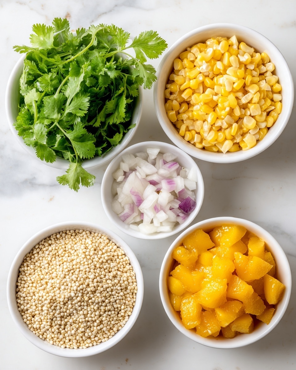 Five white bowls are placed on a white marbled surface. The top left bowl contains fresh, bright green cilantro leaves with a leafy texture. To the right, a bowl is filled with shiny yellow corn kernels. Below the corn, another bowl is filled with smooth, small orange-yellow peach chunks in syrup. On the bottom left, a bowl holds small, round beige quinoa grains, cooked and textured like tiny beads. To the far left, a smaller bowl contains small, white onion pieces with some purple edges. The bowls are arranged loosely in a circular shape. photo taken with an iphone --ar 4:5 --v 7