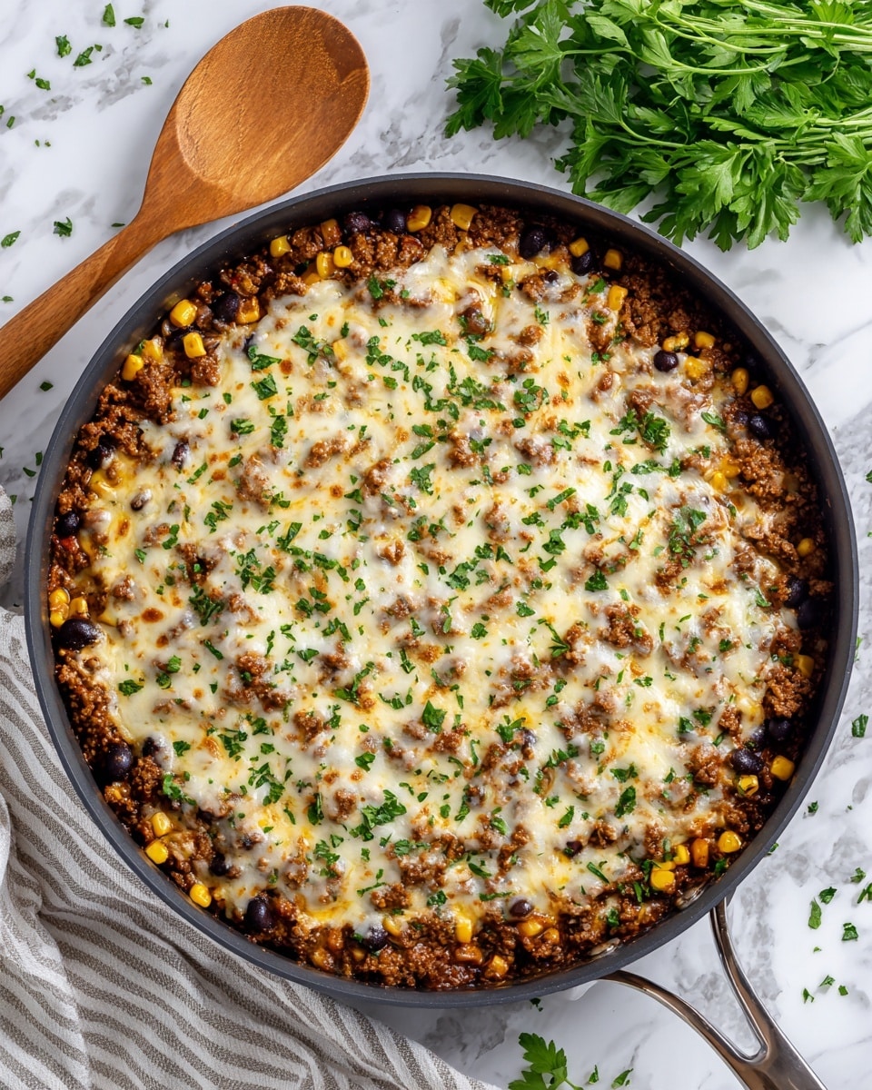 A round black pan filled with a dish that has three visible layers: the bottom layer is a mix of brown ground meat and black beans with yellow corn kernels, the middle layer is melted white cheese covering the top evenly with small brown spots, and the top layer is sprinkled with small chopped green herbs scattered all over. The pan is placed on a white marbled surface with a wooden spoon and a striped light cloth nearby, along with some fresh green herbs around. photo taken with an iphone --ar 4:5 --v 7