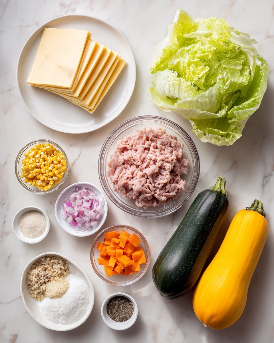 The image shows several ingredients laid out on a white marbled surface. At the top left, there is a white plate holding four slices of light yellow cheese arranged in a slightly overlapping stack. To the top right, fresh green leafy lettuce is placed, its edges curly and vibrant. In the center, a large clear glass bowl contains light pink ground meat. Around this bowl, smaller white bowls and clear glass bowls hold ingredients: pale yellow corn kernels, brownish powder, white coarse grains, finely chopped orange carrots, finely chopped purple onions, white powder, and a small amount of clear oil. At the bottom right, two whole squash lie side by side—one dark green and one bright yellow—both smooth in texture. Small white bowls hold black pepper and white salt. Everything is neatly arranged on the clean, smooth white marbled background. photo taken with an iphone --ar 4:5 --v 7