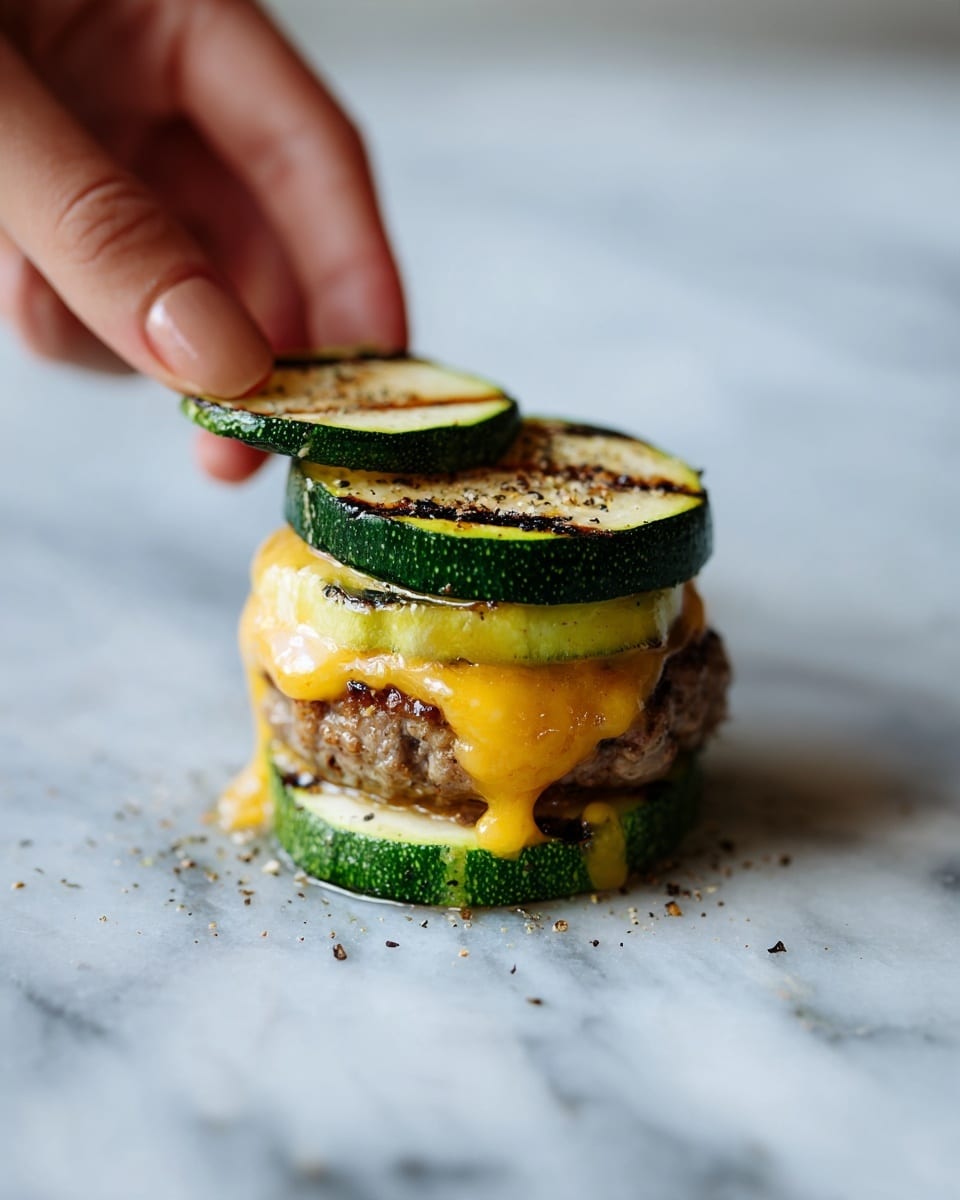 The image shows a small burger with three layers placed on a white marbled surface. The bottom and top layers are grilled green zucchini slices with visible char lines, giving a fresh green and light yellow color. The middle layer is a browned cooked meat patty with melted bright orange cheddar cheese dripping down its sides. A woman’s hand is holding the top zucchini slice, about to place it on the burger. Some black pepper is scattered around the burger on the surface. Photo taken with an iphone --ar 4:5 --v 7