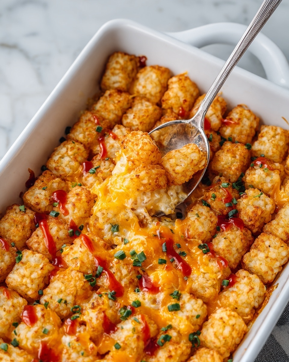 The image shows a white rectangular dish filled with a layer of small, crispy golden tater tots closely packed in rows. The tater tots have a rough, crunchy texture and are topped with a light sprinkling of melted orange-yellow cheese and small pieces of green onion scattered throughout. There are small streaks of red sauce drizzled unevenly on the top layer, adding bright red spots. A silver spoon is scooping some tater tots from the front left corner of the dish, showing the crispy texture clearly. The dish rests on a white marbled surface. Photo taken with an iphone --ar 4:5 --v 7