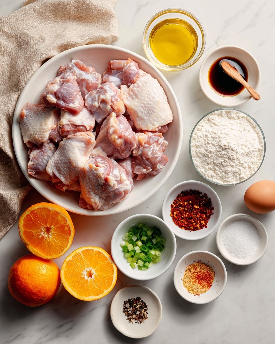 The image shows a white bowl filled with many pieces of raw chicken thighs placed on a white marbled surface. Next to it are two orange halves and one whole orange with bright orange skin. There is a single brown egg in a white bowl. Several small white bowls hold different ingredients: white flour, white starch, white sugar, green chopped spring onions, light brown sesame seeds, and dark soy sauce. Other small bowls contain red chili paste, a lighter brown sauce, dried red chili peppers, crushed red pepper flakes, finely chopped garlic, salt, and black pepper. A small glass bowl with clear oil is also present. A beige cloth is placed at the left side of the arrangement. photo taken with an iphone --ar 4:5 --v 7