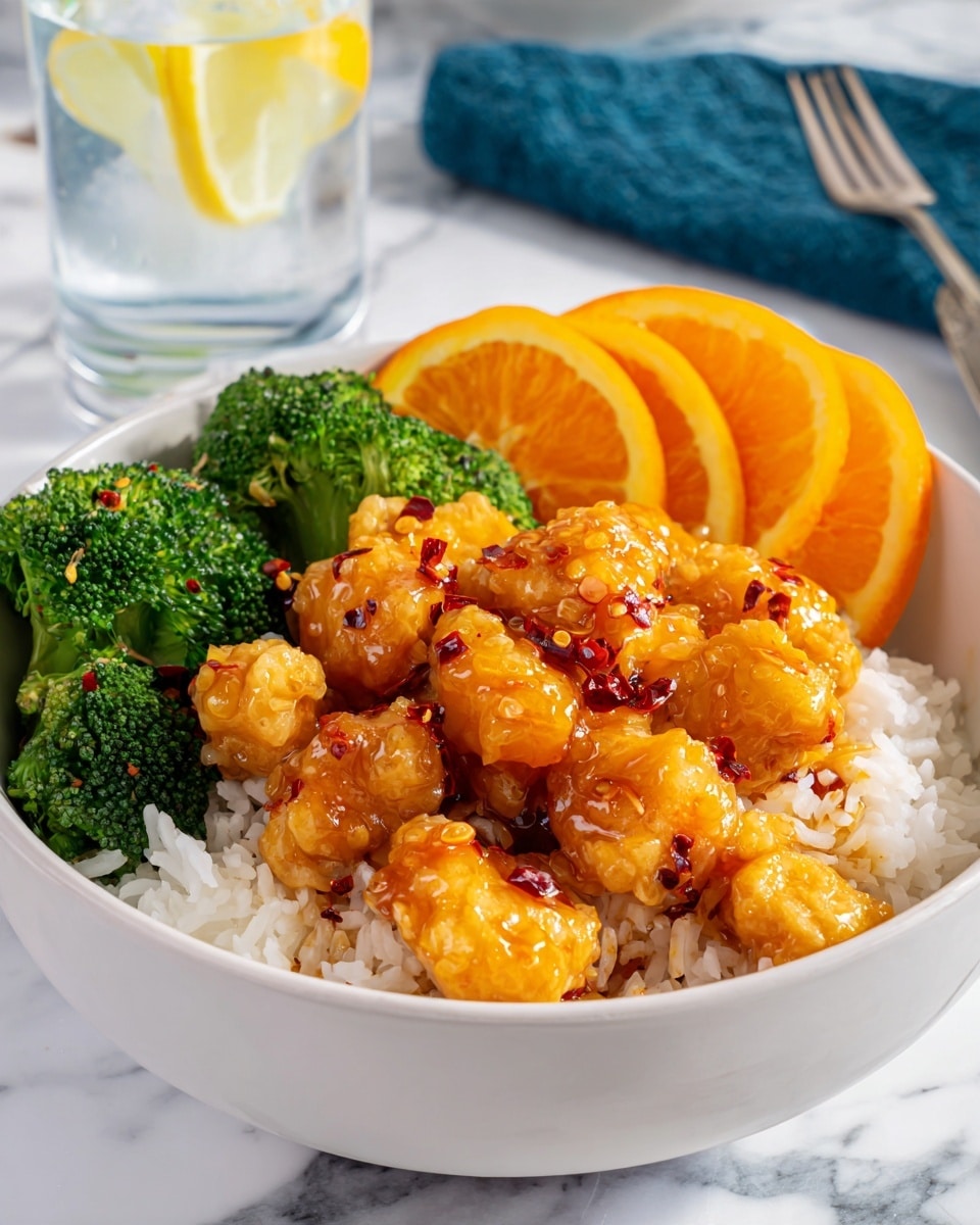 A white bowl filled with a layer of white rice at the bottom, topped with golden orange, bite-sized pieces of chicken coated in a shiny sauce with small red chili flakes. On the left side inside the bowl, there are vibrant green broccoli florets, and at the back, bright orange, semi-circle orange slices are neatly placed, adding a fresh and colorful contrast. The bowl is placed on a white marbled surface with a blurred background including a glass of water with a lemon slice and a blue cloth. photo taken with an iphone --ar 4:5 --v 7