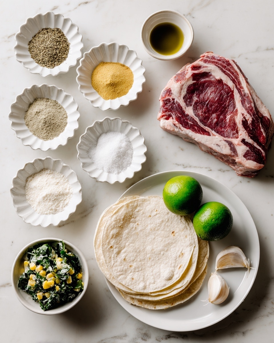 The image shows raw ingredients laid out on a white marbled surface, including a large raw steak with visible marbling on a white plate at the bottom right, two whole bright green limes near the center right, and a single garlic clove below the limes. Above the steak, there are two small white dishes holding olive oil and a dark sauce. On the top left, four white scalloped dishes hold different spices and seasonings: dried oregano, two piles of powder spices (yellow and light beige), coarse salt, and white flour or powder. Below the spices are a stack of pale corn tortillas, and at the bottom left, there is a small white bowl filled with a creamy kale and corn salad with green and yellow colors. Everything is arranged neatly with soft natural light, photo taken with an iphone --ar 4:5 --v 7