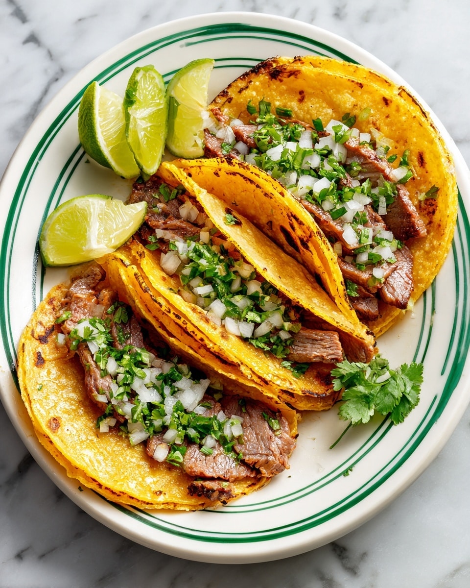 Four tacos are placed on a white plate with green stripes, sitting on a white marbled surface. Each taco has a golden-yellow tortilla as the base, with small brown charred spots, folded to hold three layers inside: diced grilled meat with a browned outer edge and pink center, topped with finely chopped white onions, then sprinkled with bright green chopped cilantro. Two lime wedges are placed at the top left corner of the plate, and a small sprig of cilantro rests on the right edge. Photo taken with an iphone --ar 4:5 --v 7