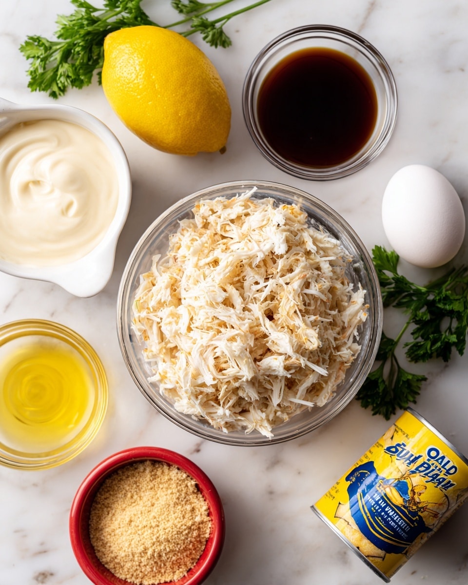 A clear round container filled with white and light beige shredded crab meat is placed in the center on a white marbled surface. Around it, from left to right, are a bright yellow lemon, a white measuring cup filled with creamy white mayonnaise, a small clear glass bowl with dark brown soy sauce, a white egg, a small clear bowl with smooth pale yellow mustard, and a red bowl filled with fine, light beige cracker crumbs. Some fresh green parsley leaves are scattered on the white marbled surface near the ingredients. A tall yellow and blue can of Old Bay seasoning is partially visible on the bottom right. Photo taken with an iphone --ar 4:5 --v 7