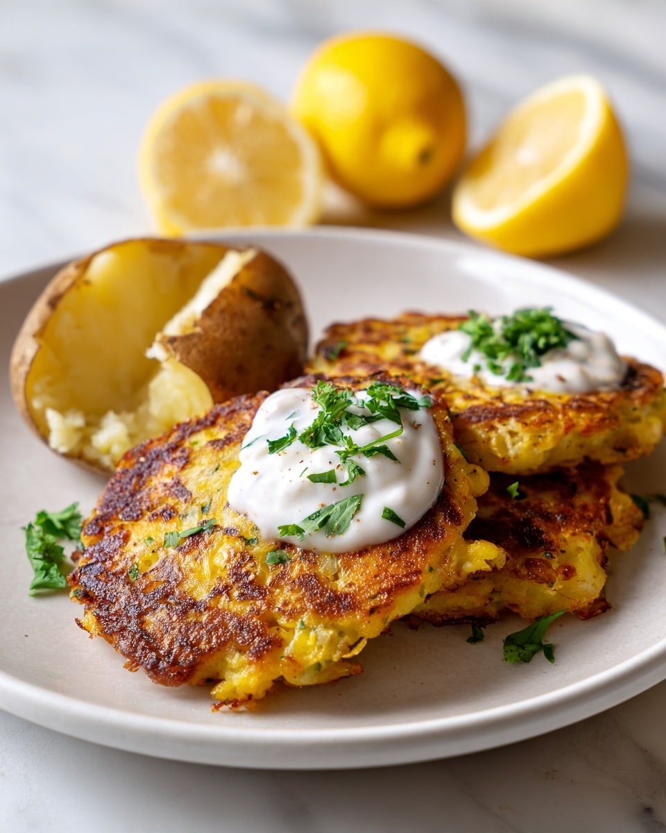 A white plate on a white marbled surface holds two golden-brown potato pancakes with a crispy texture, each topped in the center with a dollop of white creamy sauce and sprinkled with small green parsley leaves. To the side, there is a whole baked potato with a split opening showing its soft light-yellow inside. In the background, three bright yellow lemon wedges are arranged partially visible. photo taken with an iphone --ar 4:5 --v 7