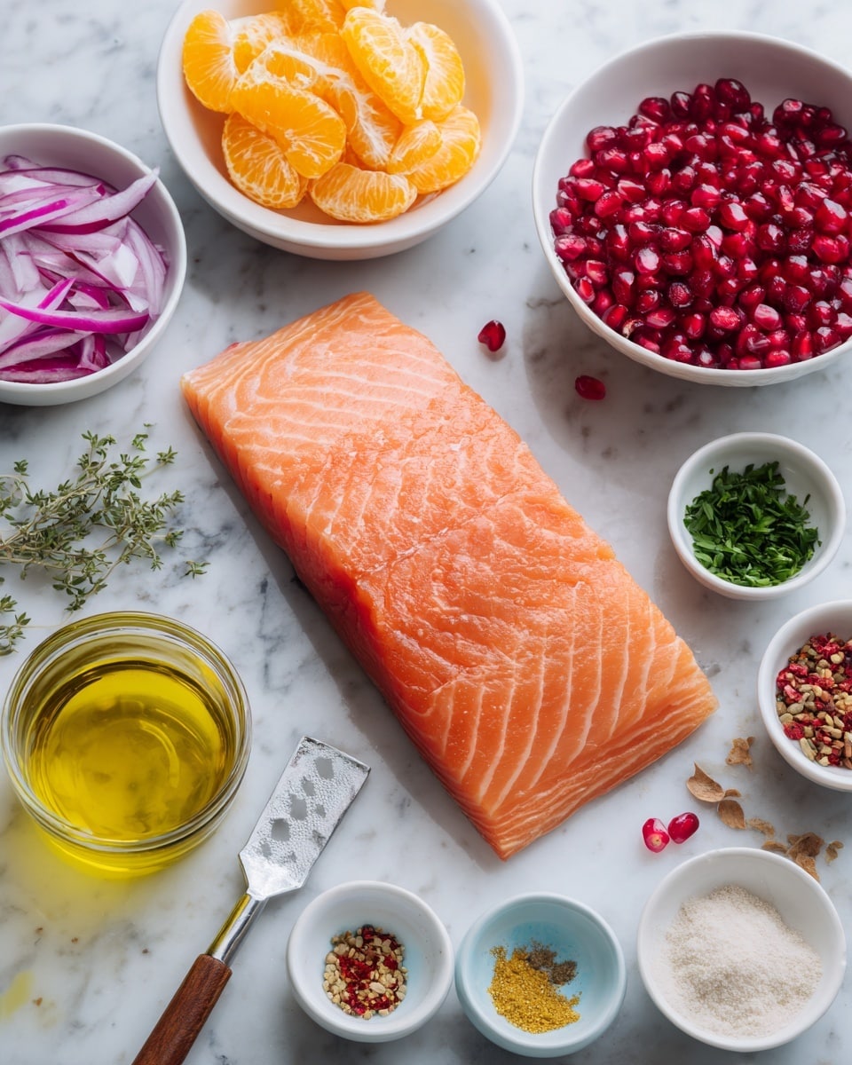 A large, fresh salmon fillet with orange-pink color and smooth texture lies flat in the center on a white marbled background. Above it, a white bowl is filled with bright red pomegranate seeds mixed with small pieces of purple onion. To the left, a white bowl holds bright orange mandarin slices. Toward the right, a small white bowl contains chopped green herbs, while another white bowl nearby has a mix of light brown, red, and beige spices. Below salmon, a metal spatula with a wooden handle rests on the surface. Small white bowls with light liquids and powder ingredients are scattered around the salmon. A clear glass bottle filled with yellow olive oil is placed at the bottom left. The whole setup is bright, clean, and fresh. Photo taken with an iphone --ar 4:5 --v 7