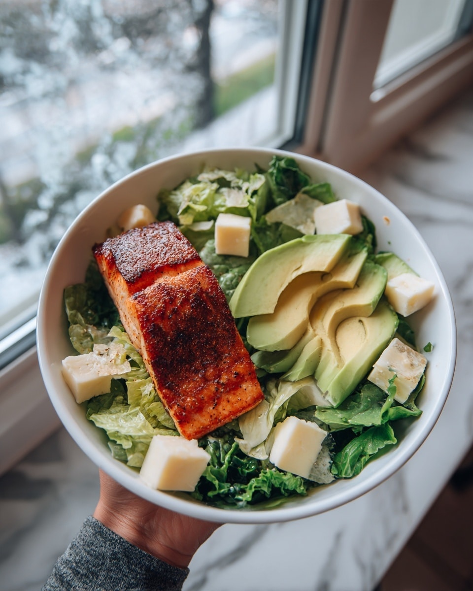 The image shows a white bowl filled with a salad layered with fresh green lettuce at the bottom, topped with thick slices of light green avocado on the right side. A large, well-cooked salmon fillet with dark, crispy skin runs diagonally across the bowl, resting on top of the salad. Scattered around the salmon and avocado are small cubes of pale cheese and thin slices of a beige ingredient, adding extra texture. The bowl is placed on a white marbled surface near a window with light coming in. A woman's hand is holding the bowl from the side. Photo taken with an iphone --ar 4:5 --v 7