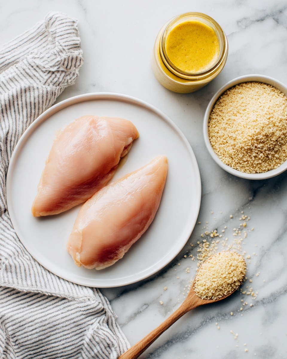 The image shows a white round plate holding two raw chicken pieces with a smooth, pale pink skin texture, placed on a white marbled surface. Above the plate is a small clear jar filled with bright yellow mustard, the jar lid open. To the right of the plate, there is a small white bowl filled with light beige breadcrumbs with a wooden spoon resting inside. Next to the plate on the left, a white and gray striped cloth is casually placed over the white marbled surface. Photo taken with an iphone --ar 4:5 --v 7