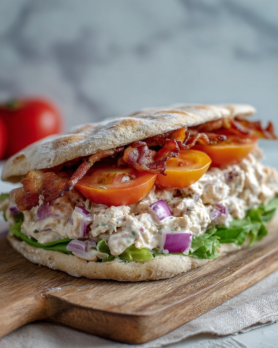 The image shows a large sandwich on a wooden board with a white marbled surface background. The sandwich has three main layers: the bottom layer is a soft, light brown flatbread, next is a thick, creamy tuna salad mixed with small pieces of purple onion and green lettuce, overflowing slightly from the edges. Above the tuna salad are crispy, reddish-brown bacon strips arranged in a row. On top of the bacon, there are bright orange tomato slices placed evenly. The sandwich is topped with a similar light brown flatbread that has a dusting of flour on top. Photo taken with an iphone --ar 4:5 --v 7