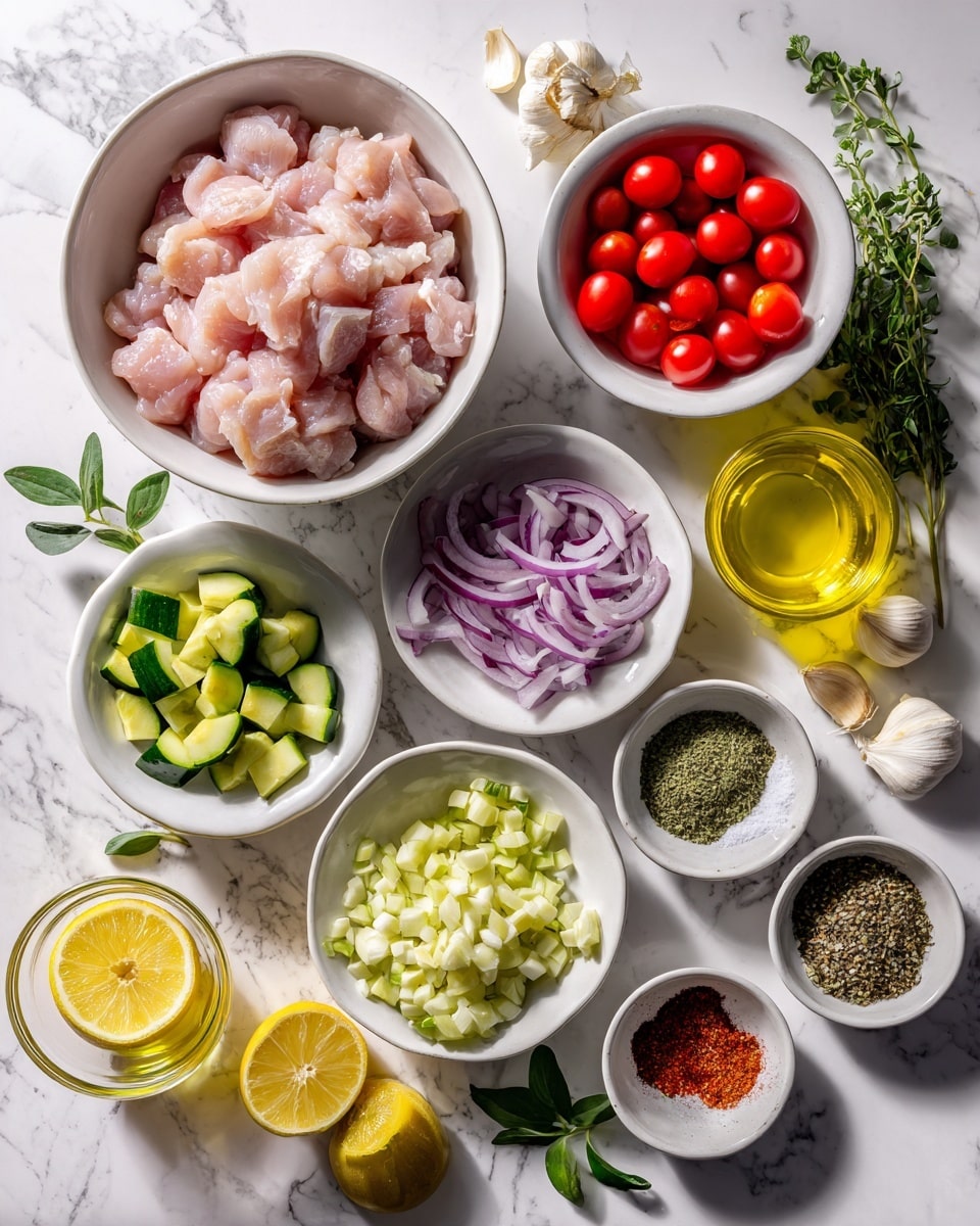 The image shows several white bowls arranged neatly on a white marbled surface, each filled with fresh ingredients. The largest bowl near the top left holds pink chunks of raw chicken, while a similar-sized bowl to the top right contains bright red cherry tomatoes. Below these, there are smaller bowls: one with chopped purple onions, another with sliced green zucchini, one filled with minced garlic, and bowls with different seasonings including dried herbs, red spice, salt, and black pepper. Bright yellow lemon halves, olive oil in a small glass, and three garlic cloves are placed around the bowls. Fresh green herb sprigs decorate parts of the scene, adding a natural touch. The lighting is bright and natural, giving the whole setup a fresh and clean look. photo taken with an iphone --ar 4:5 --v 7