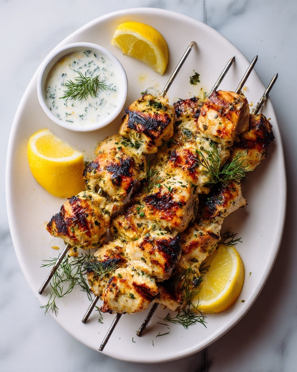 There is a white oval plate with four metal skewers laid side by side, each skewer holding five to six grilled golden-brown chicken pieces with charred grill marks. Green herbs like dill and mint sprigs are placed on top and between the skewers. On the plate, there are three bright yellow lemon wedges, one at the bottom left, one between the second and third skewer, and one near the upper right. A small white bowl with a creamy white sauce sprinkled with green herbs and topped with a dill sprig is near the skewers at the top right. The plate is on a white marbled surface with a tiled pattern. photo taken with an iphone --ar 4:5 --v 7