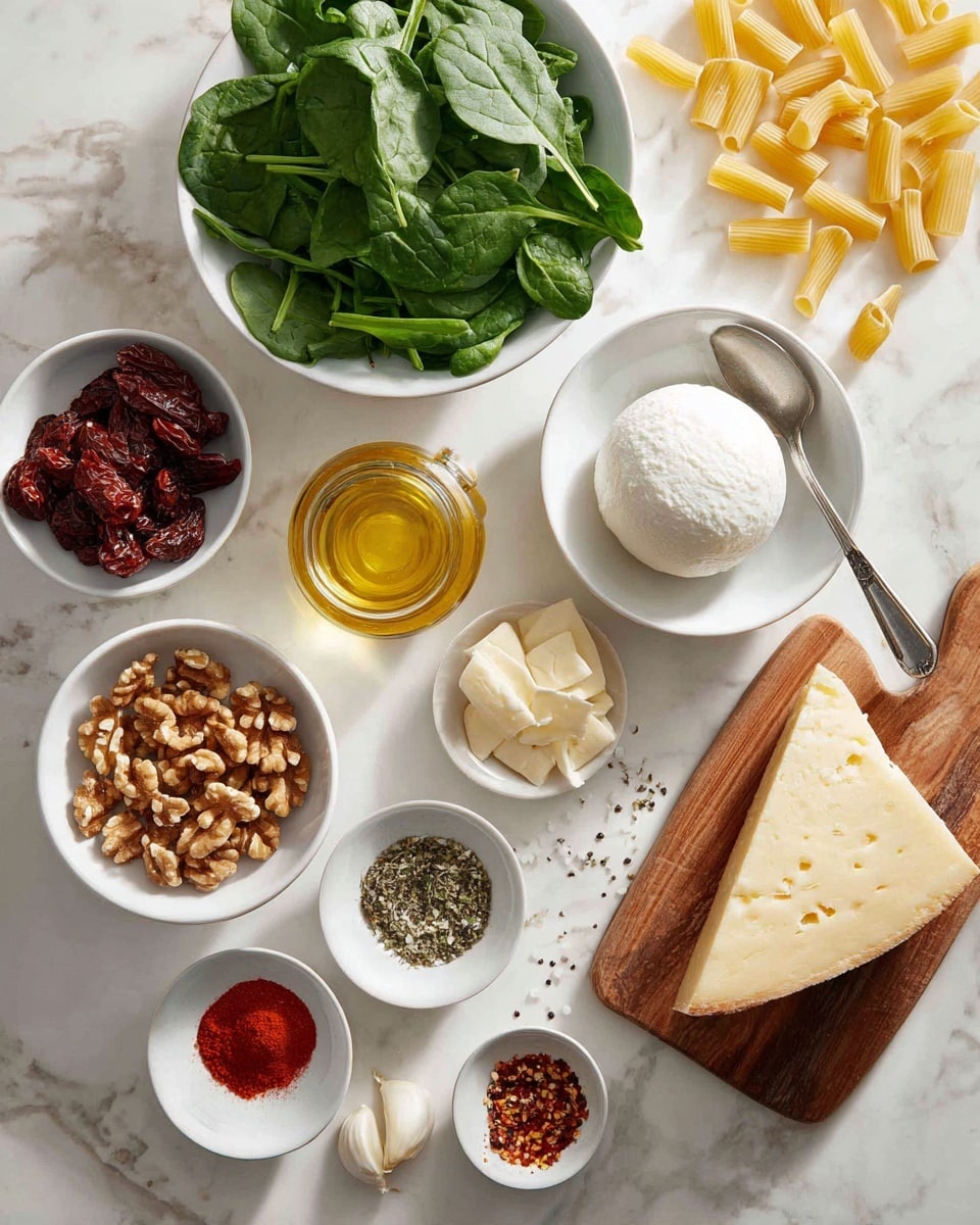 A top view shows various cooking ingredients spread on a white marbled surface. At the center left, a white round bowl holds fresh green spinach leaves that have smooth, slightly crinkled textures. Next to it on the right, a white bowl contains a smooth, round, white ball of cheese with a silver spoon inside. Uncooked short tube pasta pieces with a pale yellow color are scattered loosely around these bowls. Below the spinach bowl, a small white bowl is filled with rough, light brown walnut halves. To the left, a white bowl contains dark red dried tomatoes with wrinkled skins. A small glass jar with golden olive oil stands between the cheese and walnuts. Further down on the right, a wooden board holds a large triangular piece of pale yellow hard cheese with a crumbly texture, some crumbs scattered around it. Small white plates hold different condiments, from coarse salt to red tomato paste, thin slices of butter on a sticky amber base, dried chili flakes, and cracked black pepper on a wooden board. A couple of peeled garlic cloves lie near the cheese board. photo taken with an iphone --ar 4:5 --v 7