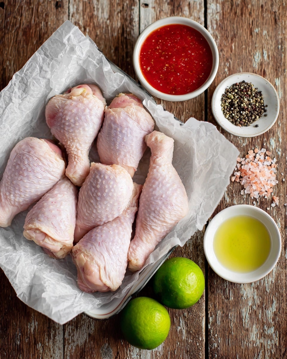 The image shows five raw chicken drumsticks with pale pink skin arranged side by side on white parchment paper, all placed in a baking dish on a rustic wooden surface. Below the chicken, there are two whole green limes positioned next to each other. To the left of the limes, there is a small white bowl filled with bright red sauce, and to the right, there is a small white dish containing black pepper. Next to the pepper, there is a small round white bowl with light golden oil. Scattered on the wooden surface near the oil are some coarse pink salt crystals. The overall scene is on a white marbled surface. photo taken with an iphone --ar 4:5 --v 7