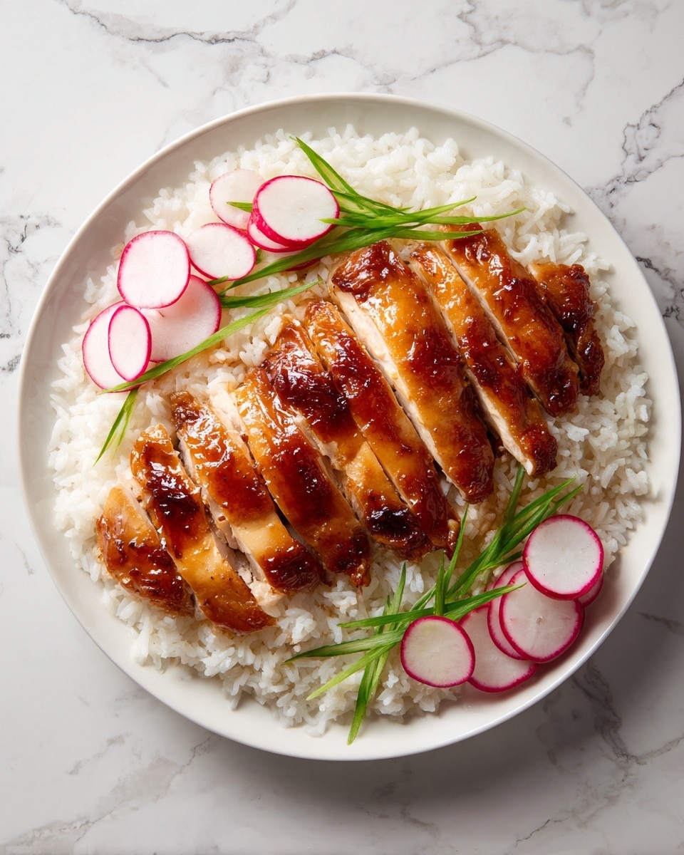 The image shows a white plate with a bed of steamed white rice as the bottom layer, fluffy and slightly sticky in texture, spread evenly across the plate. On top of the rice, there are several slices of golden brown glazed chicken arranged in neat rows, the chicken skin looks shiny and caramelized with a rich sauce coating. Around the chicken and rice, thin slices of radishes with a pale pink and white color are placed, along with long thin slices of green onion scattered lightly for garnish. The plate sits on a white marbled textured surface. Photo taken with an iphone --ar 4:5 --v 7