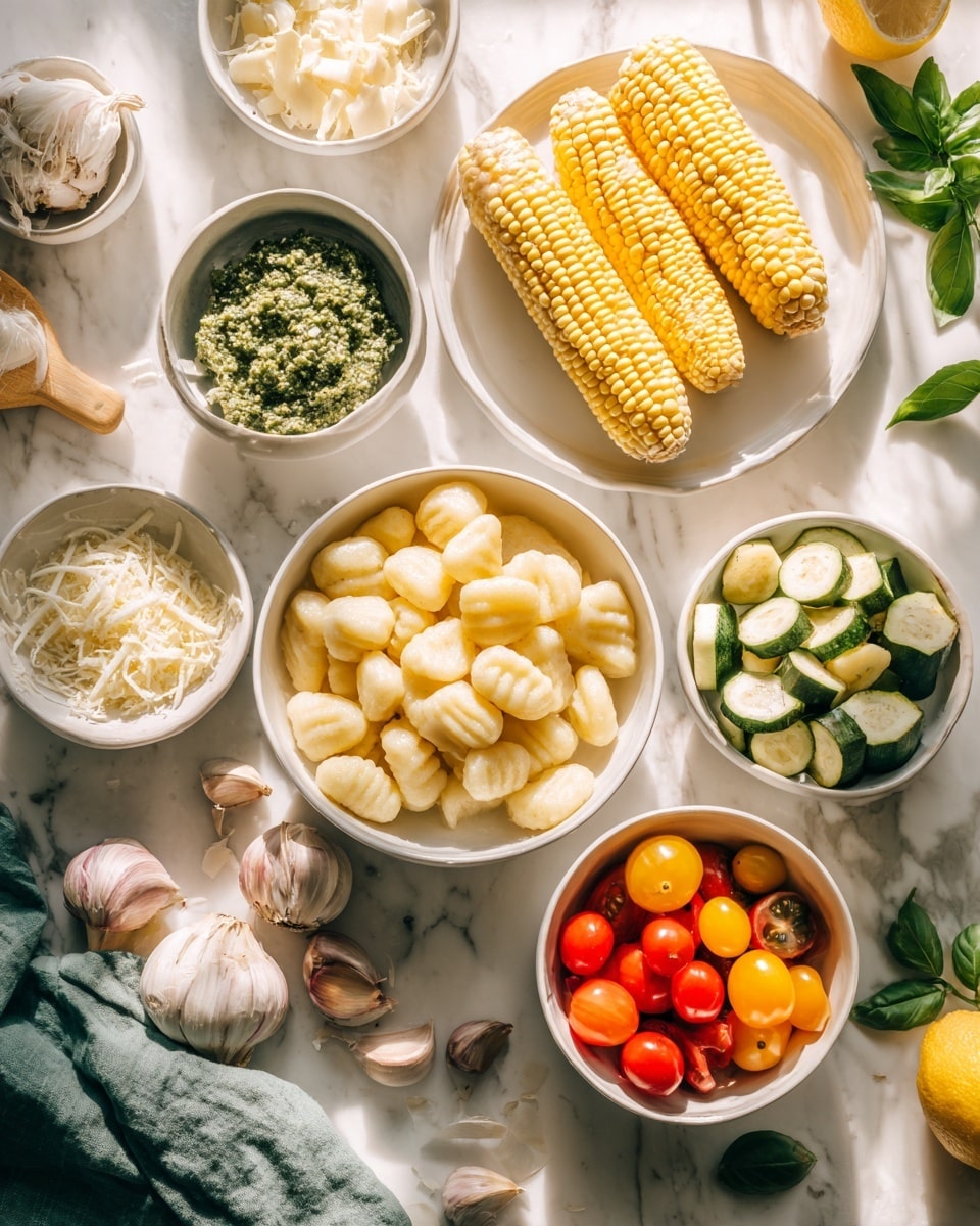 The image shows several white bowls and plates on a white marbled surface, each filled with different fresh ingredients. The center bowl holds pale yellow gnocchi pieces with round and ridged shapes. Above it, a white plate holds two ears of yellow corn and loose corn kernels. To the left, a white bowl contains a green pesto sauce with a textured surface. Below that, another bowl is filled with white grated cheese pieces. To the right of the gnocchi, a bowl contains sliced green zucchini with a smooth texture. Below the zucchini, a bowl holds halved cherry tomatoes in red and yellow colors, showing their juicy insides. At the bottom left, there are several garlic bulbs with papery skins. Some basil leaves are scattered around on a green cloth and the marble surface, and a lemon half and whole lemon appear on the right side. The warm natural light creates soft shadows. photo taken with an iphone --ar 4:5 --v 7