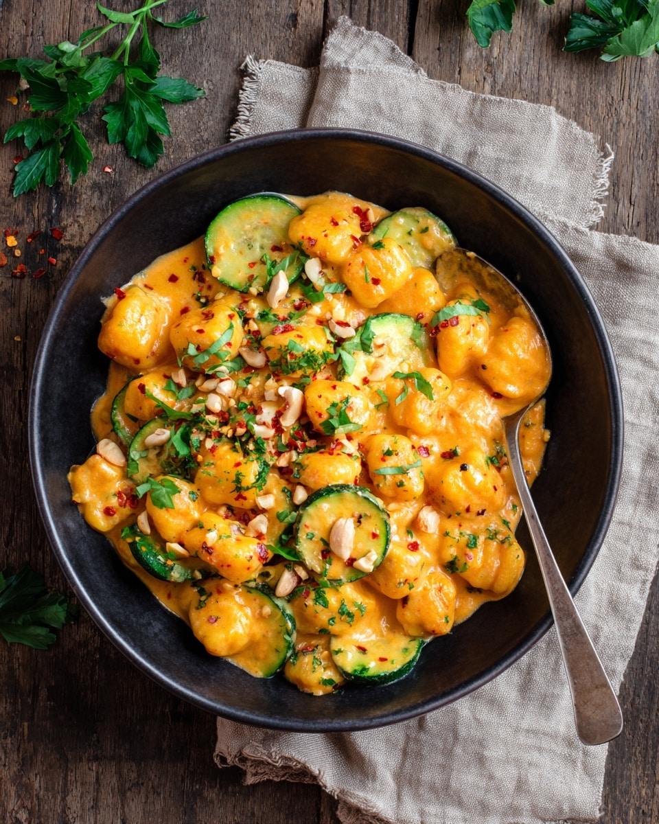 A black bowl filled with many small orange round gnocchi pieces covered in a thick creamy orange sauce. Thin green zucchini slices are mixed in with the gnocchi, topped with small chopped nuts and green parsley leaves scattered across the dish. Red chili flakes are sprinkled evenly to add color contrast on the orange sauce. A silver spoon rests in the bowl, holding some gnocchi, zucchini, and sauce. The bowl is placed on a rustic wooden table with a beige linen napkin behind it and some green parsley leaves off to the side. Photo taken with an iphone --ar 4:5 --v 7