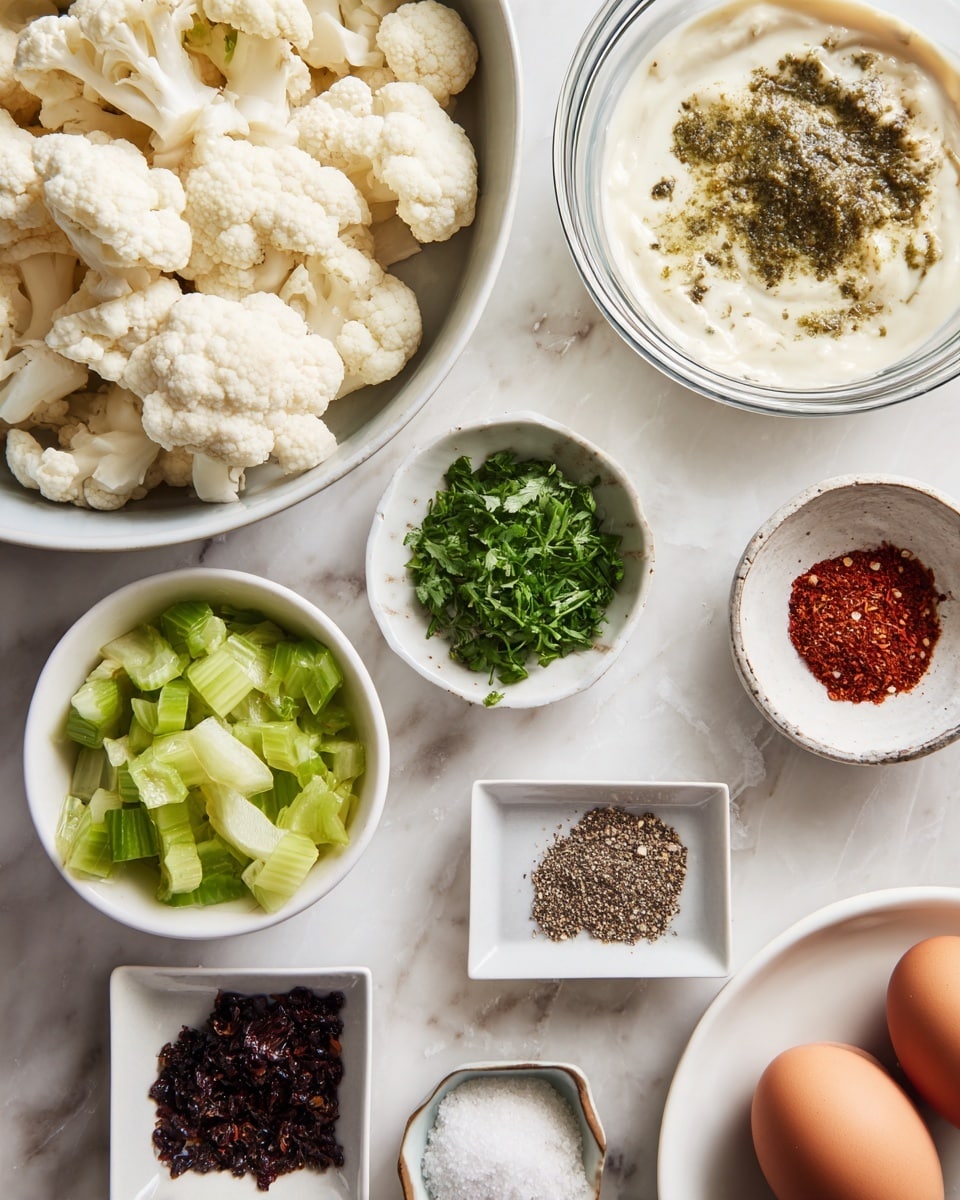 The image shows an overhead view of multiple white bowls and a large white bowl on a surface with white marbled texture. In the large white bowl at the top left, there are many pale white cauliflower florets. To the right, there is a clear glass bowl with thick cream-colored mayonnaise or dressing topped with greenish brown spices and a light brown liquid. On the bottom right, a white plate holds two brown eggs. To the bottom left, a small white bowl contains chopped green celery and pickles, while next to it are two square white bowls holding finely chopped green herbs and dark red dried spices. Small square white bowls in the center hold black pepper and salt mix and a small amount of red paprika spice. The setup looks clean and organized for the preparation of a fresh dish photo taken with an iphone --ar 4:5 --v 7