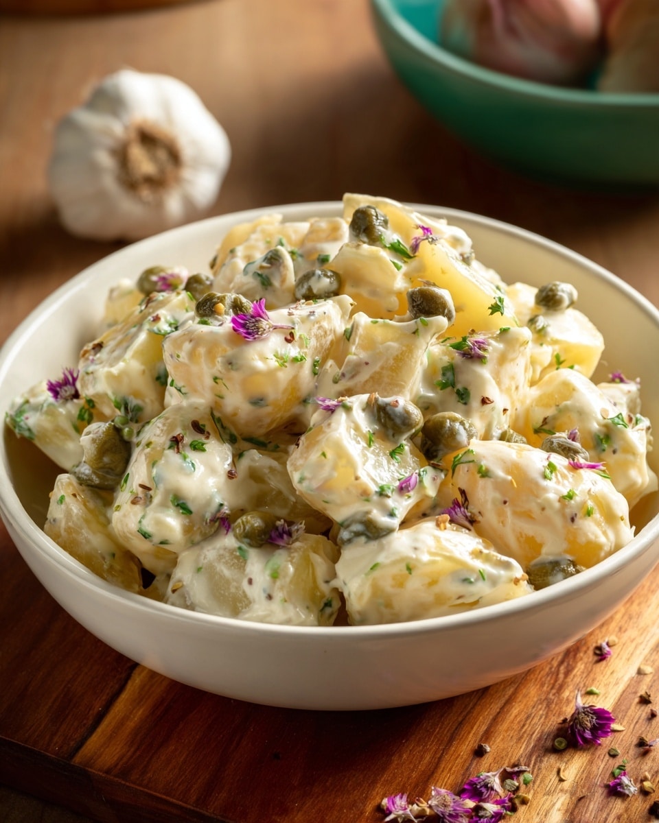 A small white bowl filled with creamy potato salad made of roughly chopped golden brown potato pieces coated in thick white sauce mixed with green capers scattered throughout. The salad is sprinkled with small green herbs and tiny purple dried flower petals. The bowl sits on a wooden surface with bits of the purple petals around it, and a large green bowl along with a bulb of garlic are blurred in the background. photo taken with an iphone --ar 4:5 --v 7