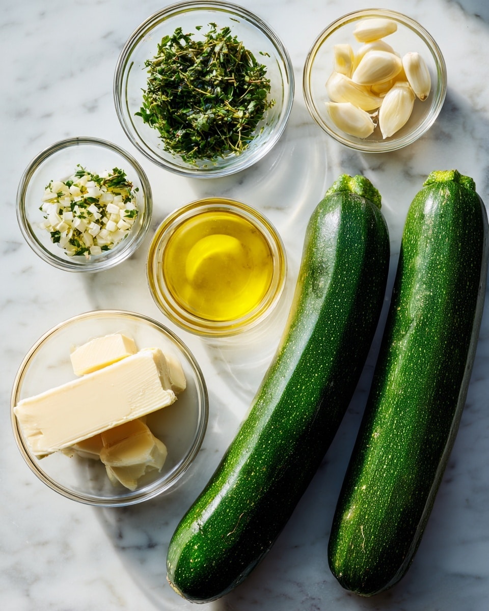 The image shows two whole zucchinis placed side by side on the right on a white marbled surface. To the left, there are five small clear bowls arranged in a loose circle, each bowl containing a different ingredient: one bowl has chopped fresh green herbs, another has yellow oil with a shiny surface, the third bowl contains a white block of butter, the fourth has small pieces of chopped garlic which are pale yellow, and the fifth bowl holds a small amount of clear liquid. The overall colors include deep green from the zucchinis, bright green from the herbs, pale yellow from the garlic and butter, and golden yellow from the oil. The lighting is bright and natural, showing clear textures of each item. photo taken with an iphone --ar 4:5 --v 7