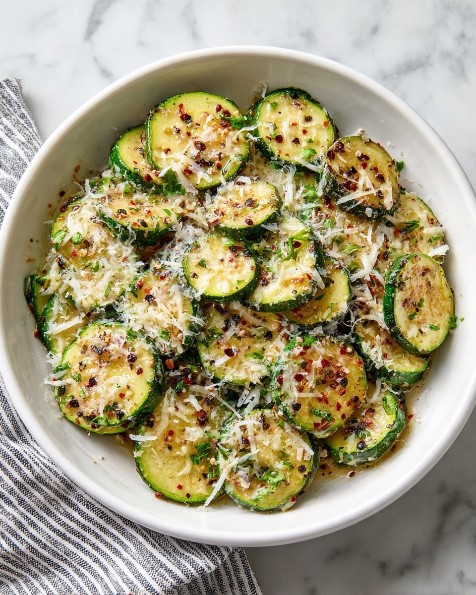 The dish shows a white bowl filled with sliced cooked zucchini pieces, each slice lightly browned and soft in texture. All the zucchini slices are topped with sprinkled shredded white cheese and small black pepper flakes, creating a mix of green, light brown, white, and black colors across the bowl. The surface underneath the bowl has a white marbled look, and there is part of a striped cloth visible at the bottom left corner. photo taken with an iphone --ar 4:5 --v 7
