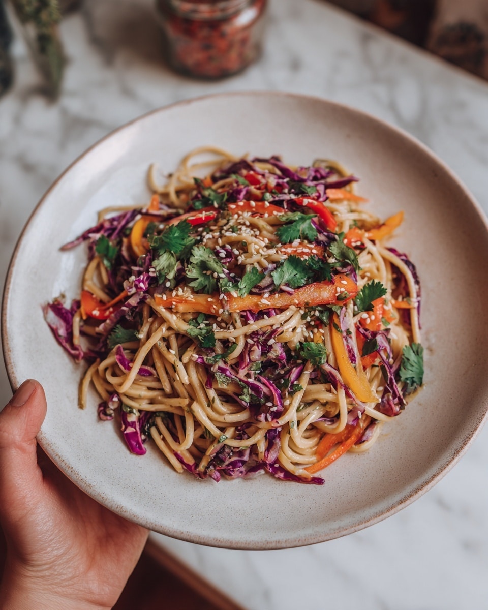 A white plate filled with three layers of food: the bottom layer is light tan noodles with a smooth texture, the middle layer has thin slices of red and yellow bell peppers along with shredded purple cabbage, and the top layer shows fresh green cilantro leaves scattered evenly. The dish is colorful with a mix of orange carrot bits and small white sesame seeds sprinkled on top. The plate sits on a white marbled surface with a blurred background showing a jar and a woman’s hand holding the plate at the edge. photo taken with an iphone --ar 4:5 --v 7