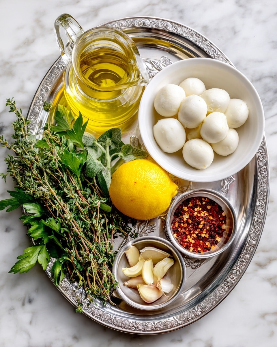 A silver tray holds various cooking ingredients arranged neatly. In the top left corner is a clear glass pitcher filled with yellow olive oil. Next to it on the right, a white bowl contains several small, smooth, white mozzarella balls. Below the bowl, a bright yellow lemon sits on the tray. Near the lemon, a small silver bowl holds a few peeled garlic cloves. At the bottom, a tiny brown bowl contains red chili flakes. On the left side of the tray, there is a bunch of fresh green herbs including parsley, thyme, and oregano, their leafy textures and varied green shades clearly visible. The tray is placed on a white marbled surface photo taken with an iphone --ar 4:5 --v 7