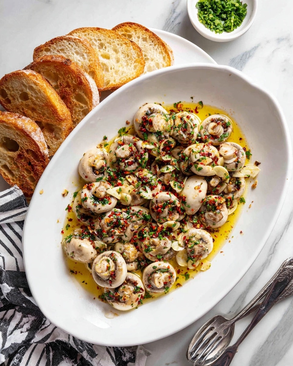 A white oval plate filled with whole small white mushrooms soaked in clear yellow oil mixed with green chopped herbs and red chili flakes, with thin slices of garlic scattered on top, placed on a white marbled surface. Around the plate, there are golden toasted bread slices stacked and laid next to it. A small white bowl of green chopped herbs sits near the top right, and a silver fork rests on the left edge of the plate, partially on the surface. A black and white striped cloth is partially visible on the bottom right. Photo taken with an iphone --ar 4:5 --v 7