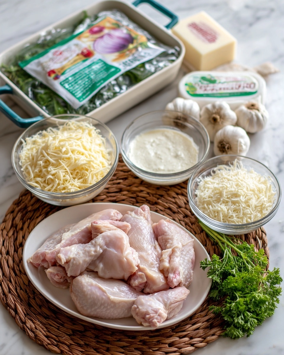 The image shows raw pale pink chicken pieces placed on a white oval plate at the front left. Behind the chicken, there is a rectangular white baking dish with blue-green handles. To the right, there are three clear glass bowls: one filled with light yellow shredded cheese, one with white creamy sauce, and one with finely grated white cheese. Behind these bowls, there is a full white and red bag of chopped spinach and a white block of cream cheese with colorful packaging. Two whole garlic bulbs with white skin and brown roots are placed near the cheese, with a bright green parsley sprig in front. All items rest on a woven brown round placemat, and the background is a white marbled surface. Photo taken with an iphone --ar 4:5 --v 7