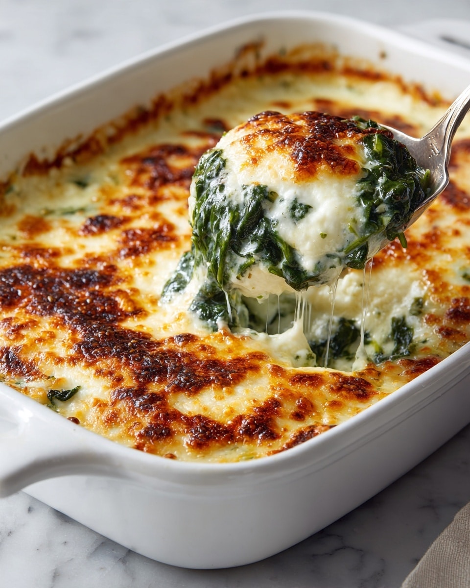 A white baking dish holds a cheesy baked dish with three visible layers. The bottom layer shows dark green spinach leaves spread evenly around the edges. Above the spinach, there are thick white sauce layers mixed with melted, golden-brown cheese that covers the entire dish, creating a bubbly, slightly browned texture on top. The edges of the cheese are crispy and lightly browned, showing where the heat has caramelized the cheese. A silver spoon is scooping out a portion from the bottom right corner, lifting part of the creamy white sauce and cheese, revealing the spinach beneath. The dish is placed on a white marbled surface. Photo taken with an iphone --ar 4:5 --v 7