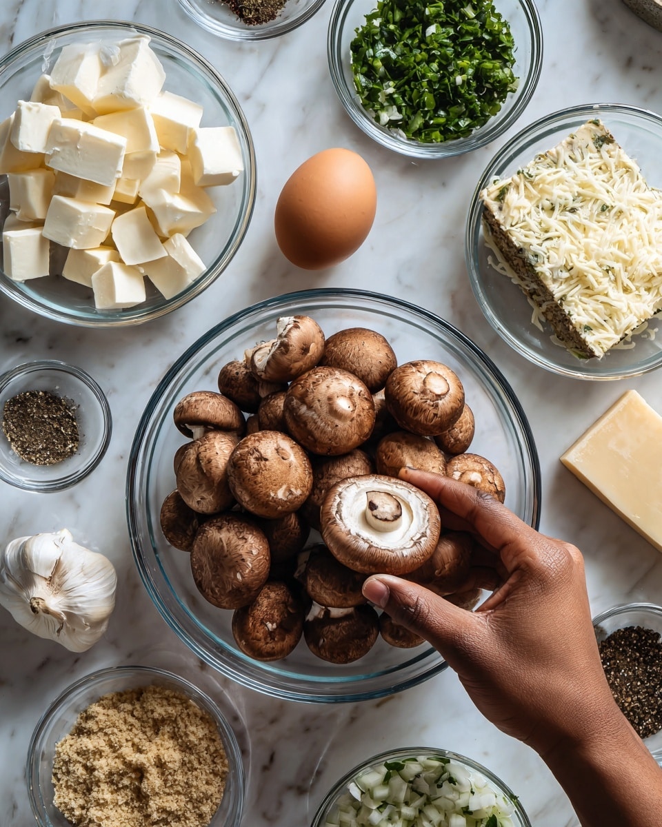 The image shows a clear glass bowl filled with whole brown mushrooms placed in the center on a white marbled surface. Surrounding the mushrooms are smaller clear glass bowls containing various ingredients: white cubed cheese in the top left, finely chopped white onion in the top right, chopped green herbs below the onion, light brown breadcrumbs below the cheese, a beige block of a solid ingredient centered below the mushrooms, a brown egg to the right of the block, small piles of black pepper and a small clove of garlic in separate bowls near the bottom left. A woman's hand gently holds the edge of the bowl with mushrooms from the right side. Photo taken with an iphone --ar 4:5 --v 7