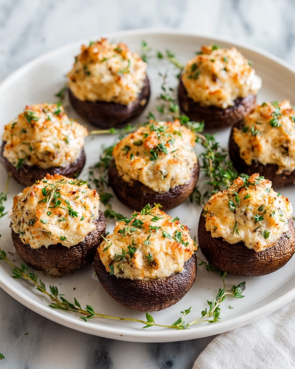 The image shows a white plate with eight stuffed mushrooms arranged in two rows. Each mushroom is dark brown with a slightly shiny texture. The mushroom caps are filled with a creamy, pale filling that is slightly golden on top and sprinkled with small green herbs. The filling looks soft and slightly lumpy. The plate is placed on a white marbled surface. Photo taken with an iphone --ar 4:5 --v 7
