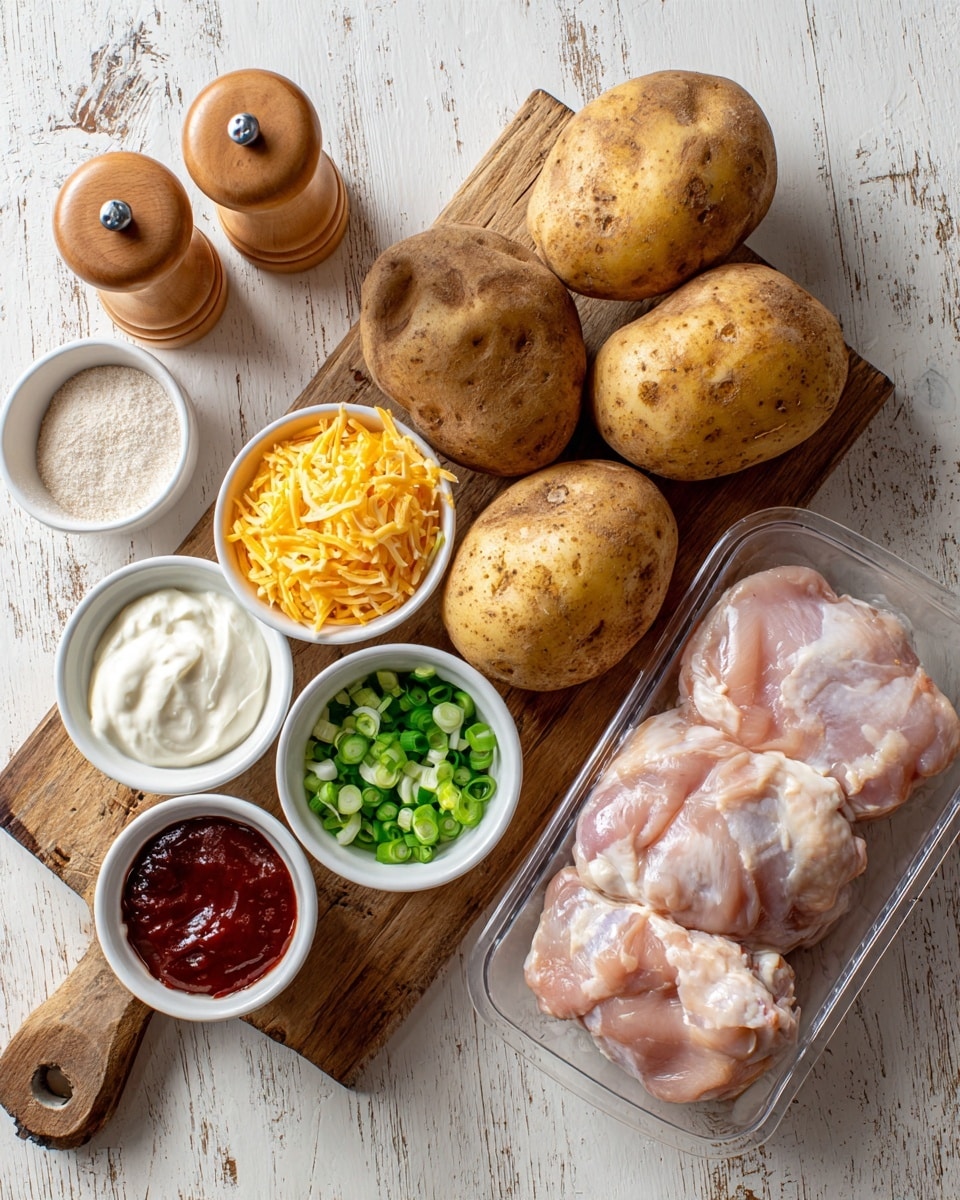 A top view image showing four large brown potatoes placed on a small wooden cutting board with a handle, surrounded by small white bowls containing white sour cream, finely chopped green onions, dark red barbecue sauce, and bright orange shredded cheddar cheese. To the right of the potatoes is a clear plastic container holding four raw, light pink chicken thighs with some fat. On the left side, there are two wooden shakers, one for salt and one for pepper, along with a small white dish containing garlic powder. All the items are set on a white marbled surface with a rustic texture. photo taken with an iphone --ar 4:5 --v 7