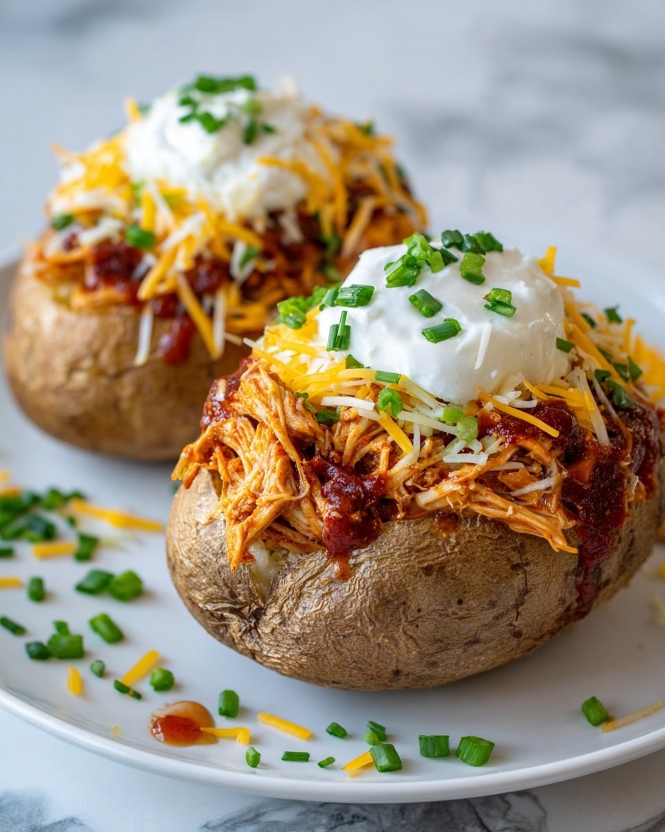 Two baked potatoes on a white plate with a white marbled surface underneath. Each potato is cut open and has three visible layers. The bottom layer is the brown potato skin and soft potato inside. On top of this is a layer of shredded, saucy pulled chicken with a reddish-brown color and texture. Above the chicken is a layer of shredded yellow cheddar cheese. The top layer is a small dollop of white sour cream sprinkled with small chopped green chives. Some extra chives are scattered around the plate and a few drops of sauce are visible near the potatoes. Photo taken with an iphone --ar 4:5 --v 7