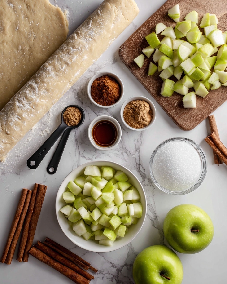 The image shows ingredients laid out on a white marbled surface for making an apple dish. On the left, there is a rolled-out pale dough with a slightly rough texture. In the middle, three black measuring spoons hold cinnamon powder, vanilla extract, and a brown sugar-like ingredient, arranged side by side. At the bottom center, a white bowl is filled with small, light green diced apple pieces. On the top right, more diced apples rest on a wooden board, while a clear bowl of white granulated sugar sits nearby. Around the scene, whole green apples and several cinnamon sticks are scattered. Photo taken with an iphone --ar 4:5 --v 7